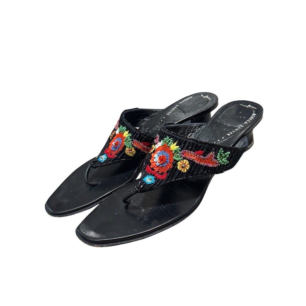Rebeca Sanver Y2K Black Leather Beaded Thong Sandals Low Block Heel mules 38